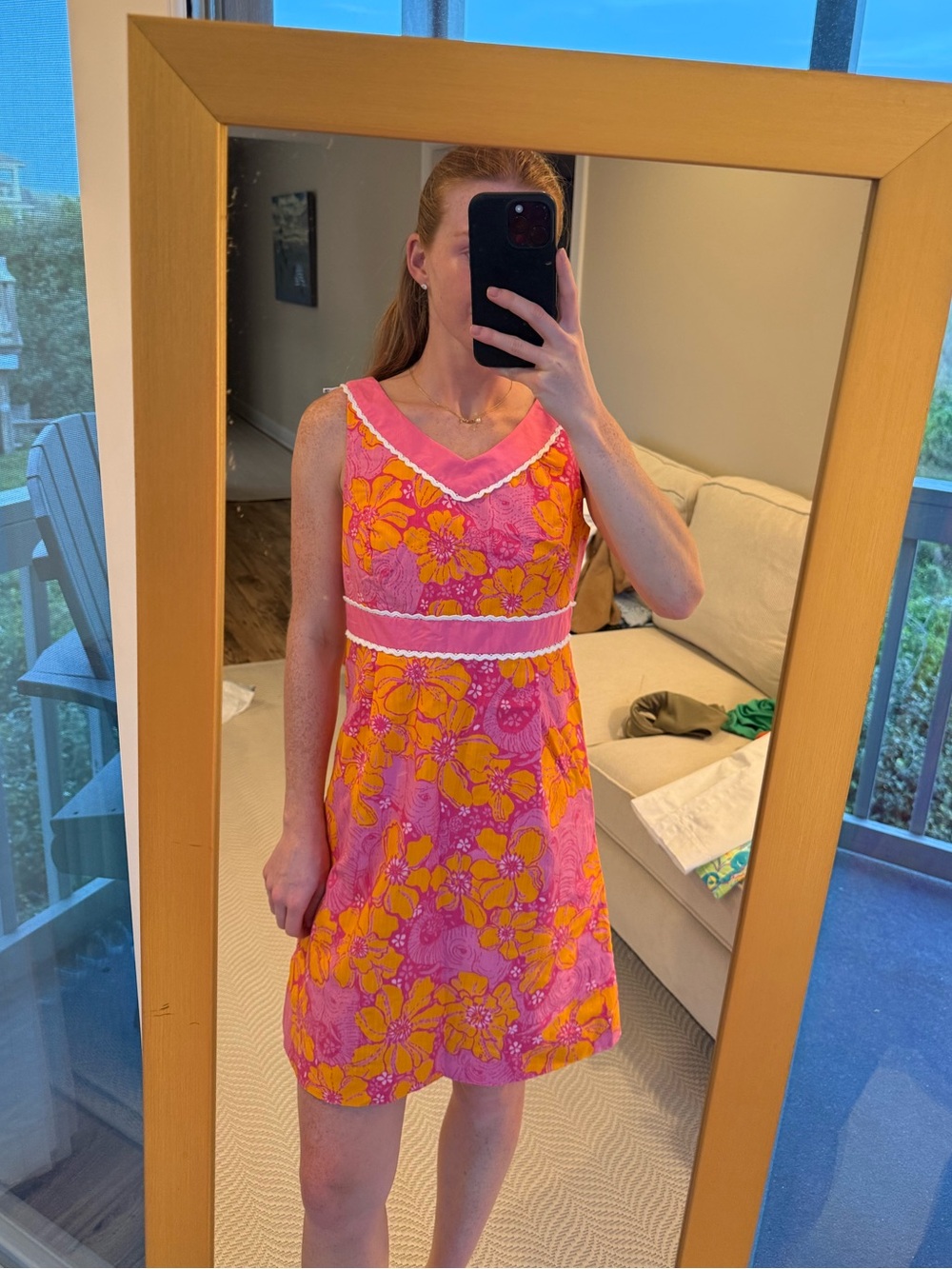 Vintage Lilly Pulitzer Pink and Orange Floral Dress with White Trim